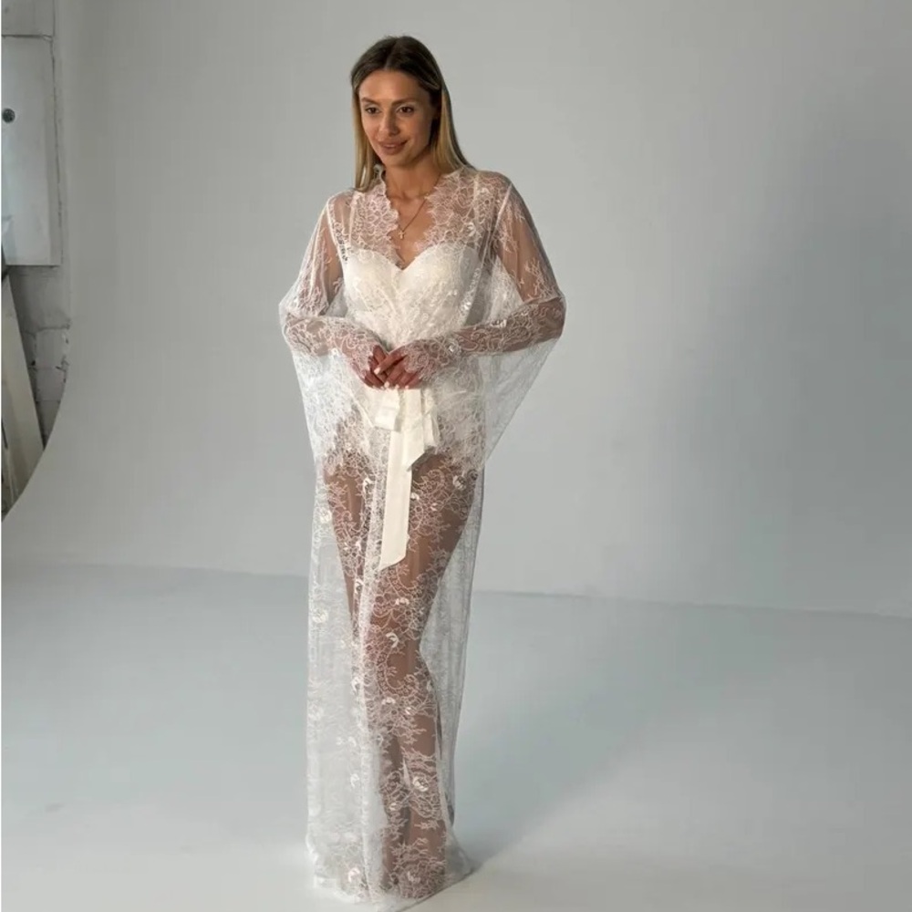 Delicate White Lace Long Sheer Chemise with Satin Tie